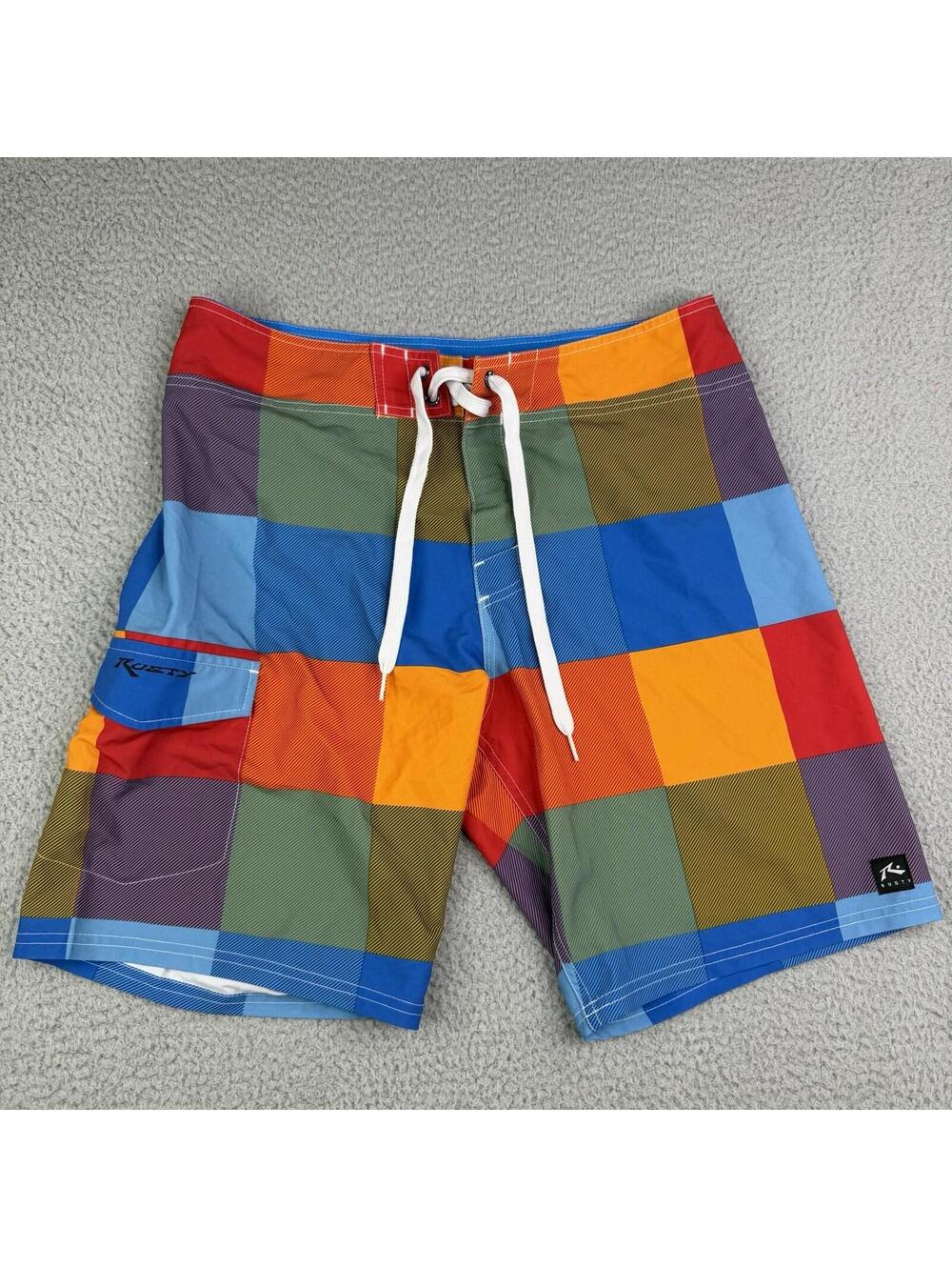 RUSTY Vintage Colorblock Board Shorts Men's 32x9 Drawstring Pockets